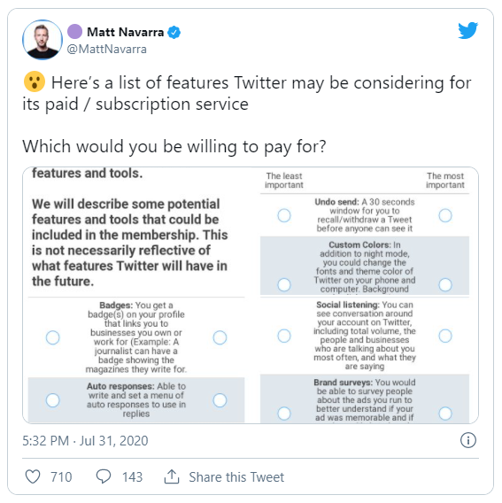 Twitter Tests “Twitter Blue” Paid Subscriptions