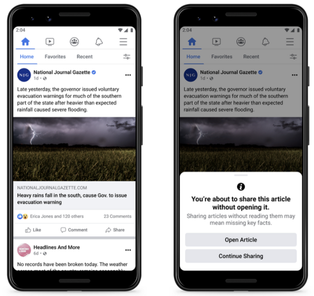 Facebook Tests Warnings to Stop Sharing Unread Links