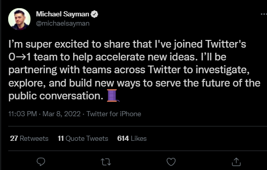 Michael Sayman 加入 Twitter 的實驗開發團隊